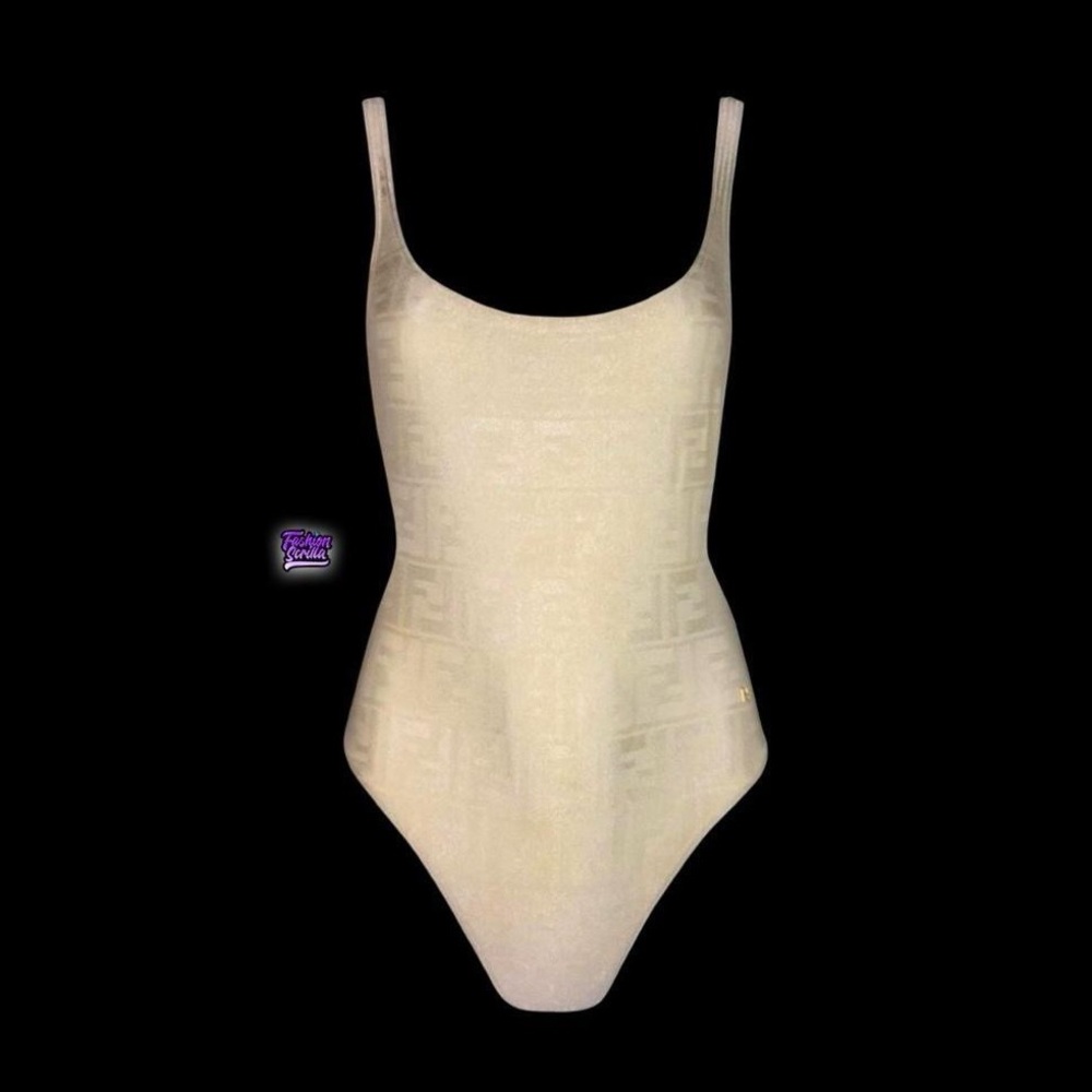 Vintage Fendi Ivory Off White Zucca ‘FF’ Monogram Logo Swimsuit